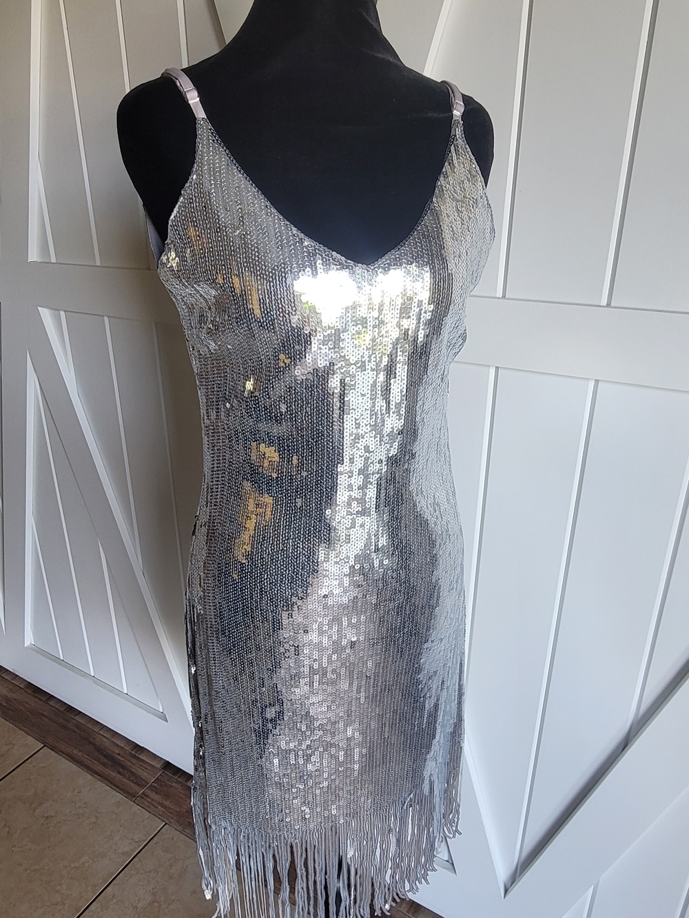 Silver Sequin Fringe Slip Dress - V-Neck Midi Evening Dress